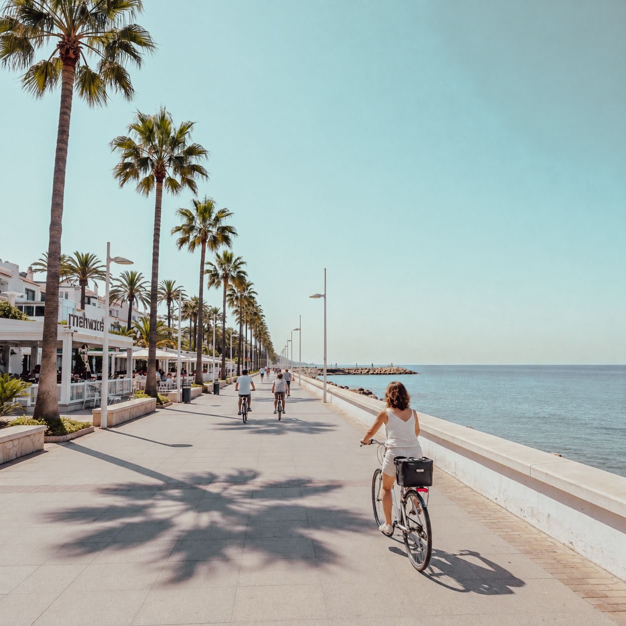 Seafront promenade in San Pedro de Alcantara with palm trees and the Mediterranean Sea